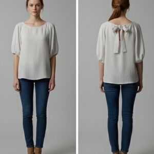 Elegant White Women's Top With Bell Sleeve And Bow Tie In Back Size Large